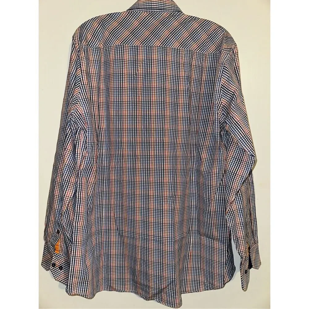 Cote Opera Paris Formal Shirt button down blue orange white gingham size 17 43 L